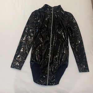 Black latex bodysuit with front zipper